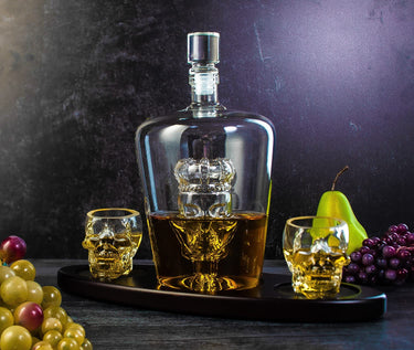Skull King Skeleton Wine & Whiskey Globe Decanter Set 750 mL With 2 Skull Head 3oz Skeletons Shot Glasses + Mahogany Wooden Base Decor Glass, Goth Spooky Drinking Glassware The Wine Savant-1